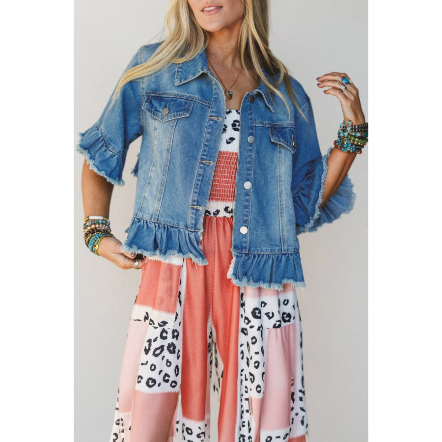 Blue Ruffle Hem Raw Edge Half Sleeve Western Denim Jacket Blue / S / 81.3% Cotton + 13% Polyester + 5.7% Regenerated Fibre Outerwear/Denim