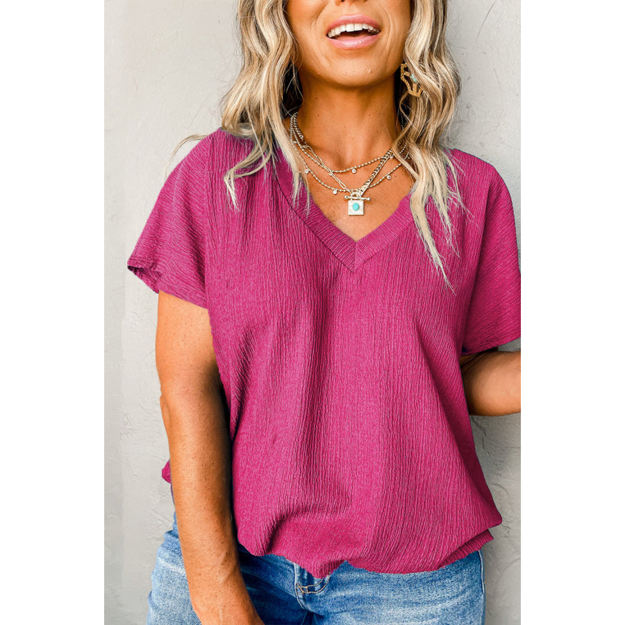 Blue Sapphire Textured V Neck Bubble Hem Plus Top Bright Pink / 1X / 97% Polyester + 3% Elastane Plus Size/Plus Size Tops/Plus Size Tops &amp;