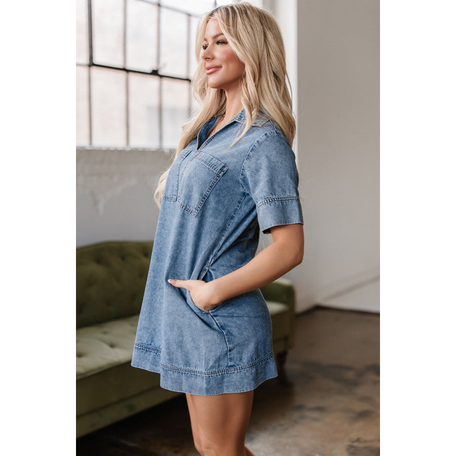 Blue Short Sleeve Collared Patched Pocket Denim Mini Dress Dresses/Mini Dresses
