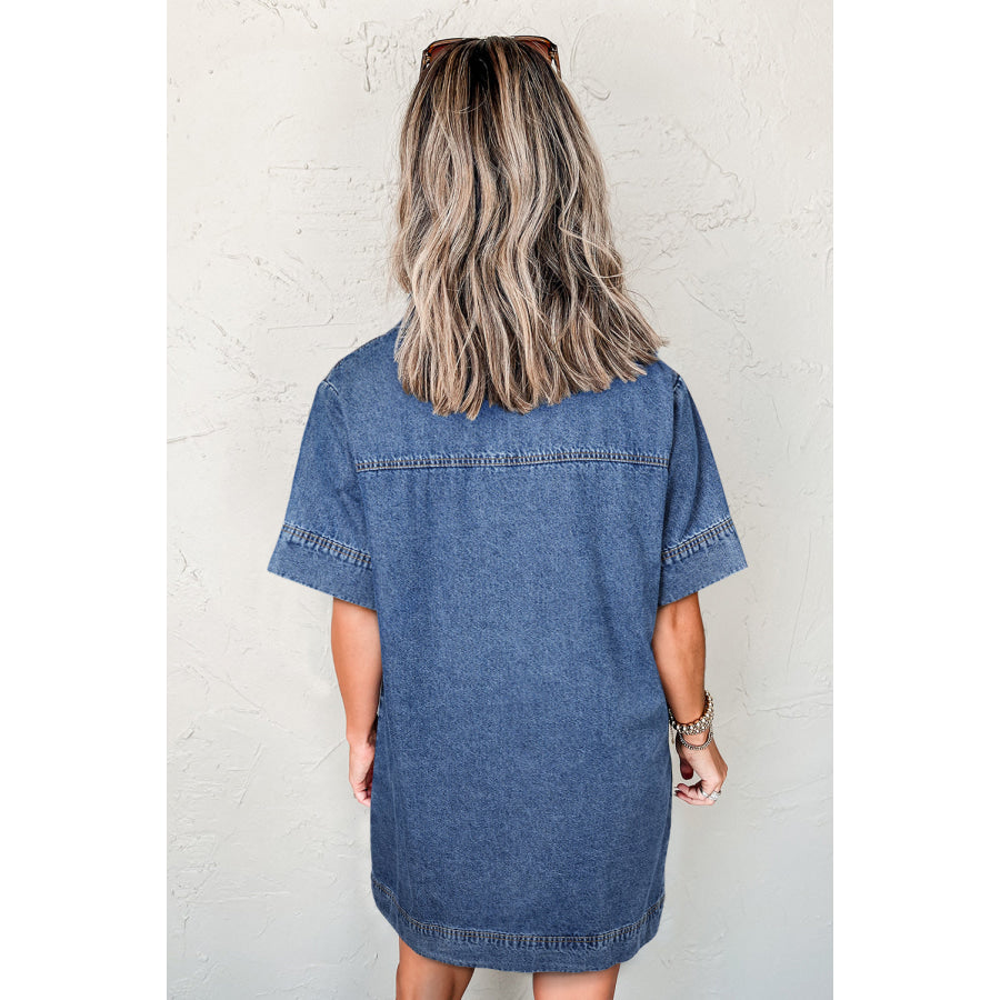 Blue Short Sleeve Collared Patched Pocket Denim Mini Dress Blue / S / 82% Cotton + 10% Polyester + 8% Viscose Dresses/Mini Dresses