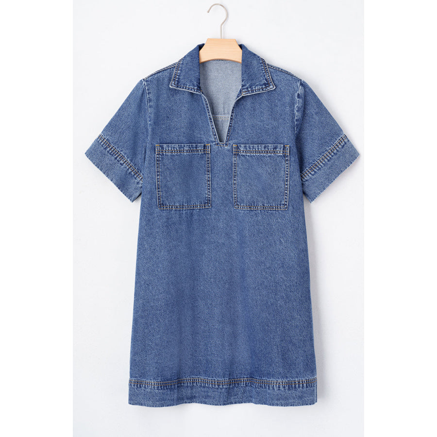 Blue Short Sleeve Collared Patched Pocket Denim Mini Dress Dresses/Mini Dresses