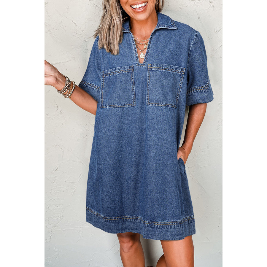 Blue Short Sleeve Collared Patched Pocket Denim Mini Dress Blue / S / 82% Cotton + 10% Polyester + 8% Viscose Dresses/Mini Dresses