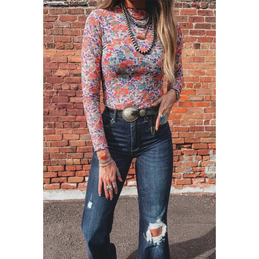 Blue Slim Fit Floral Mesh Long Sleeve Mock Neck Top Tops/Long Sleeve Tops