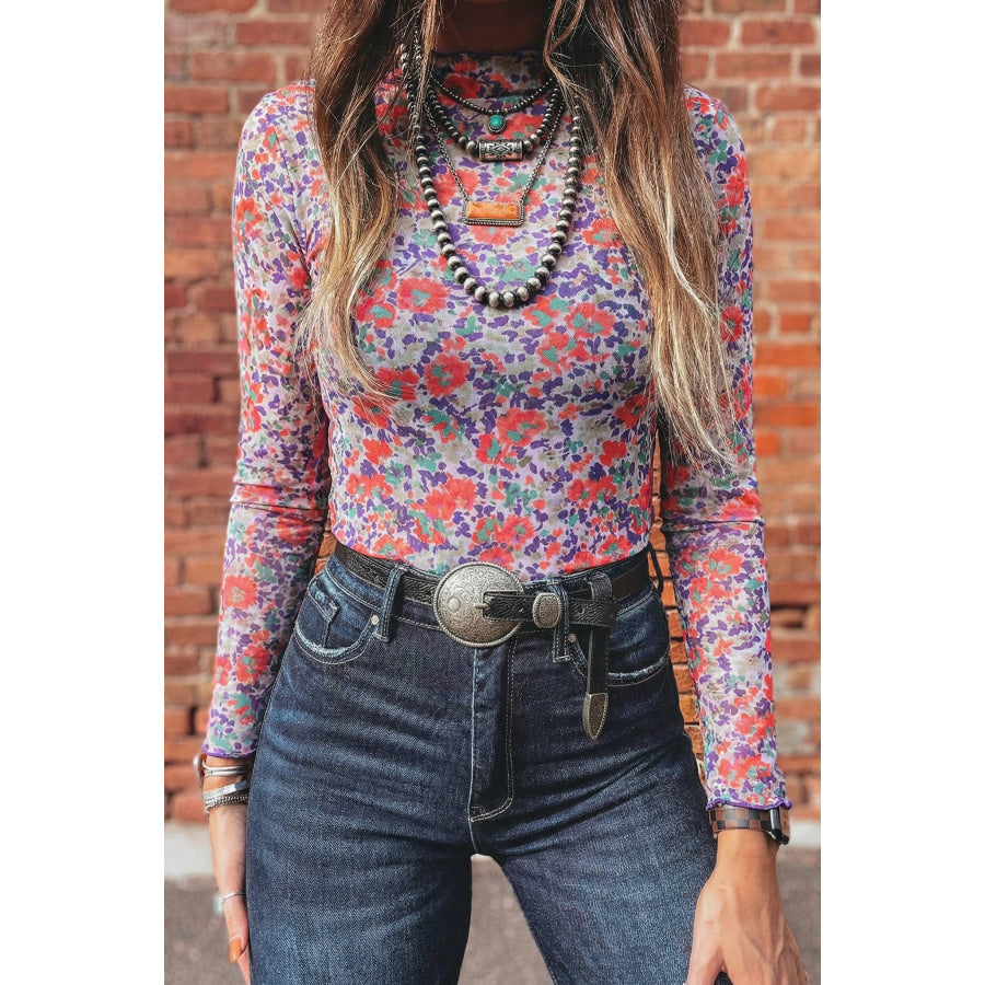 Blue Slim Fit Floral Mesh Long Sleeve Mock Neck Top Tops/Long Sleeve Tops