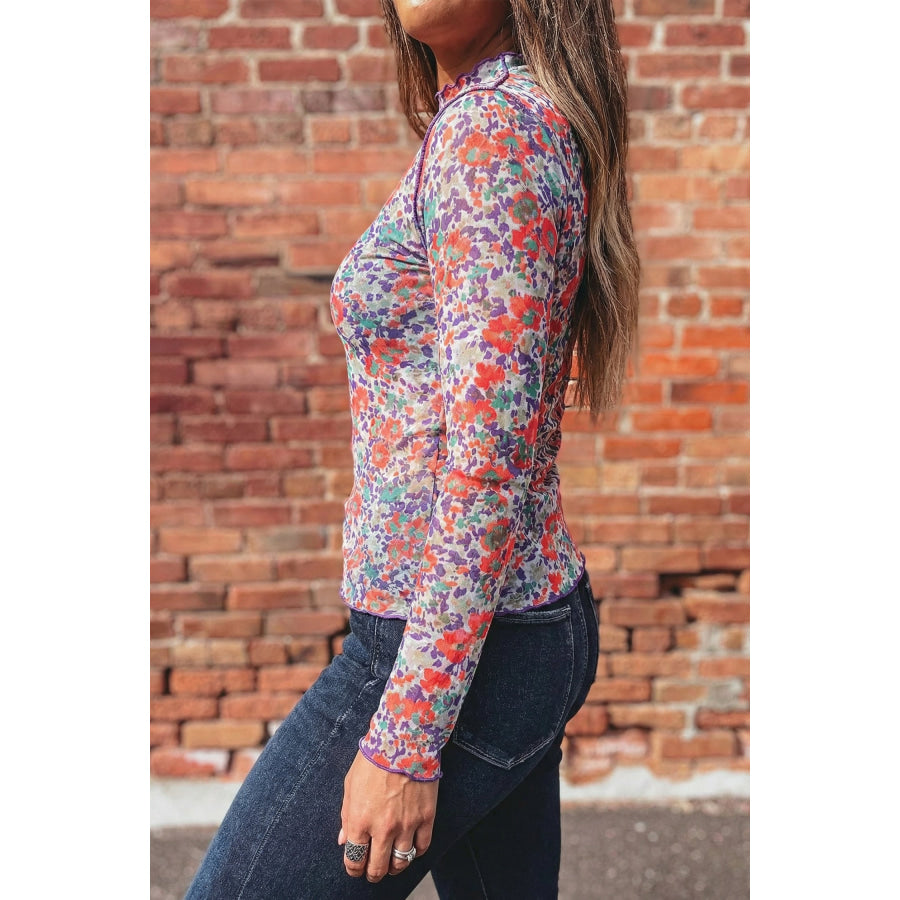 Blue Slim Fit Floral Mesh Long Sleeve Mock Neck Top Tops/Long Sleeve Tops