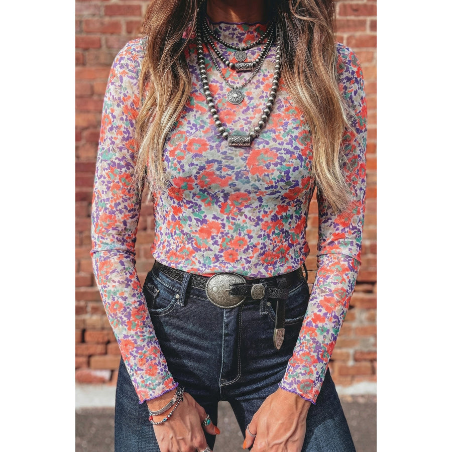 Blue Slim Fit Floral Mesh Long Sleeve Mock Neck Top Tops/Long Sleeve Tops