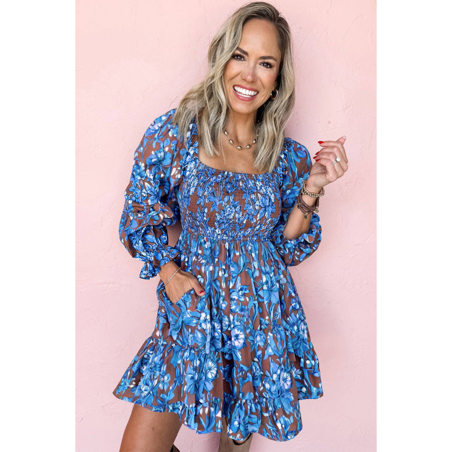 Blue Smocked Bodice High Waist Ruffled Sleeve Floral Dress Dresses/Floral Dresses