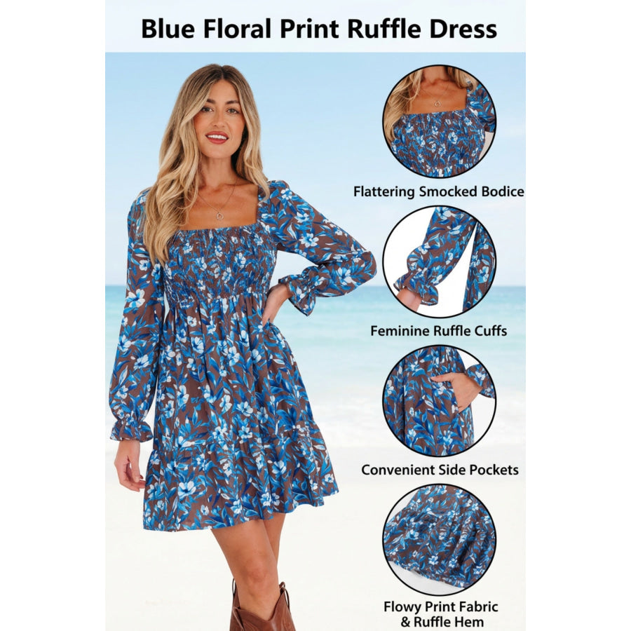 Blue Smocked Bodice High Waist Ruffled Sleeve Floral Dress Dresses/Floral Dresses