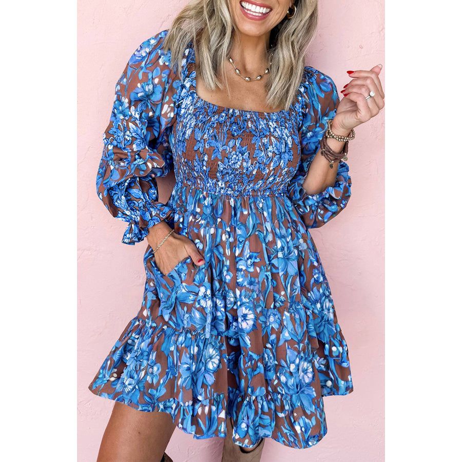 Blue Smocked Bodice High Waist Ruffled Sleeve Floral Dress Dresses/Floral Dresses