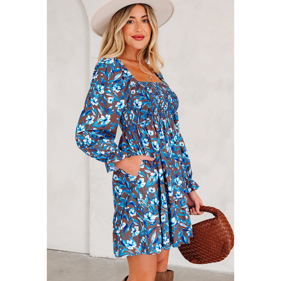 Blue Smocked Bodice High Waist Ruffled Sleeve Floral Dress Dresses/Floral Dresses