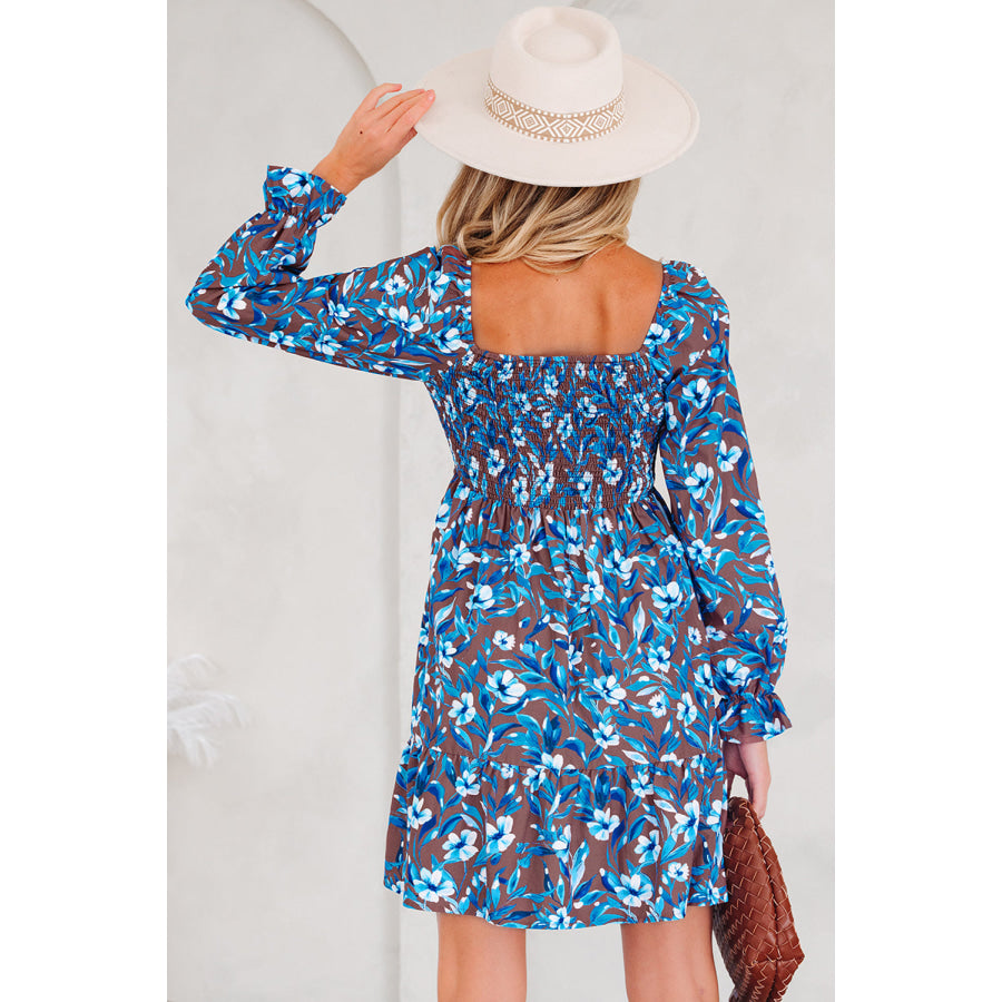 Blue Smocked Bodice High Waist Ruffled Sleeve Floral Dress Dresses/Floral Dresses