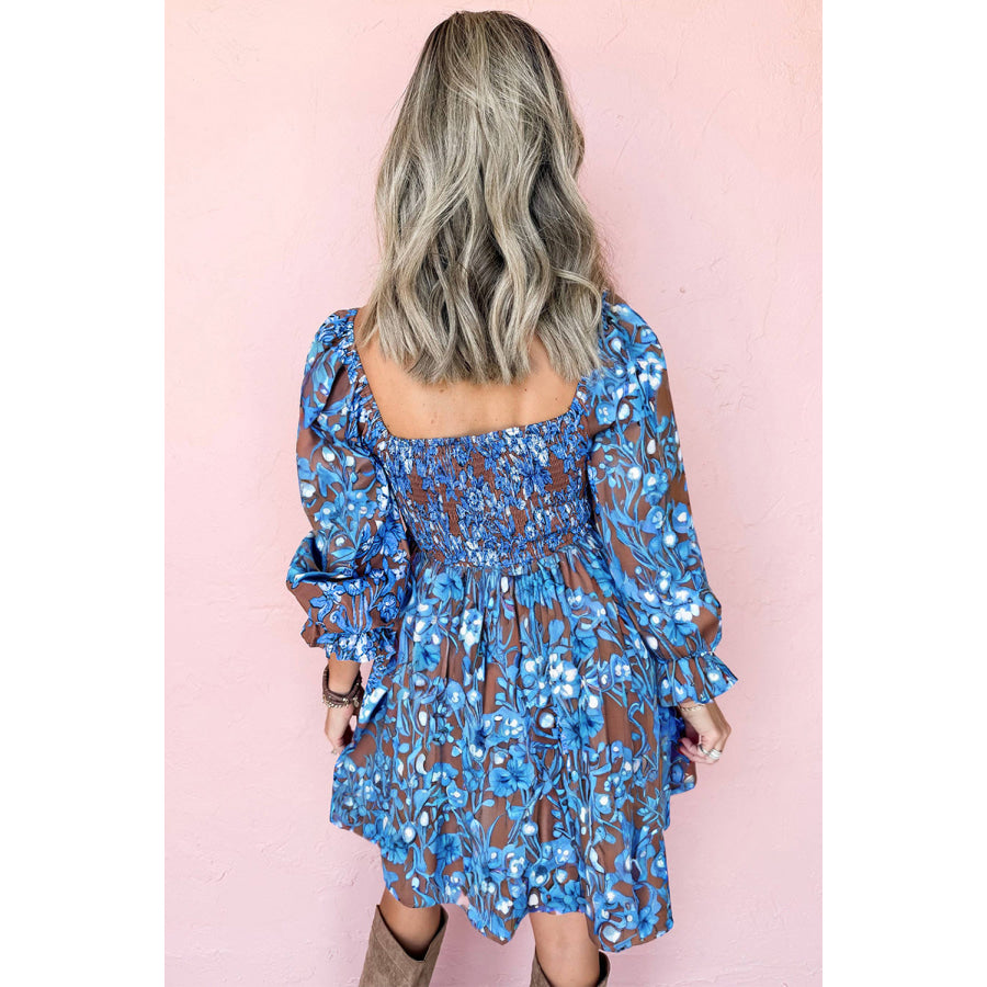 Blue Smocked Bodice High Waist Ruffled Sleeve Floral Dress Dresses/Floral Dresses