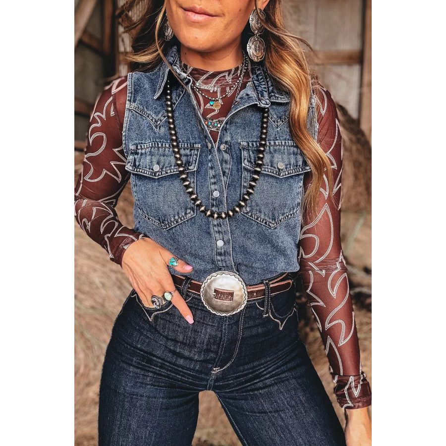 Blue Solid Denim Button Front Pocket Sleeveless Cowboy Vest Dusty Blue / S Apparel and Accessories