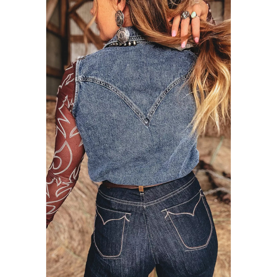 Blue Solid Denim Button Front Pocket Sleeveless Cowboy Vest Apparel and Accessories