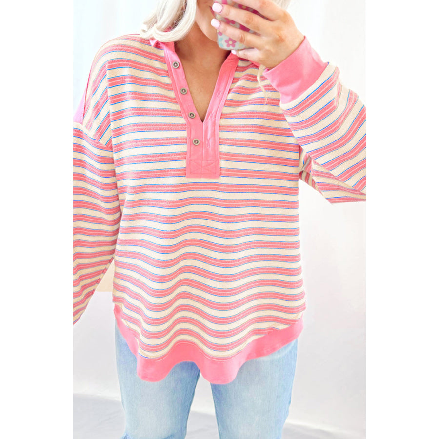 Blue Stripe Buttoned V Neck Collared Drop Shoulder Top Pink Stripe / S / 95% Polyester + 5% Elastane Tops/Long Sleeve Tops