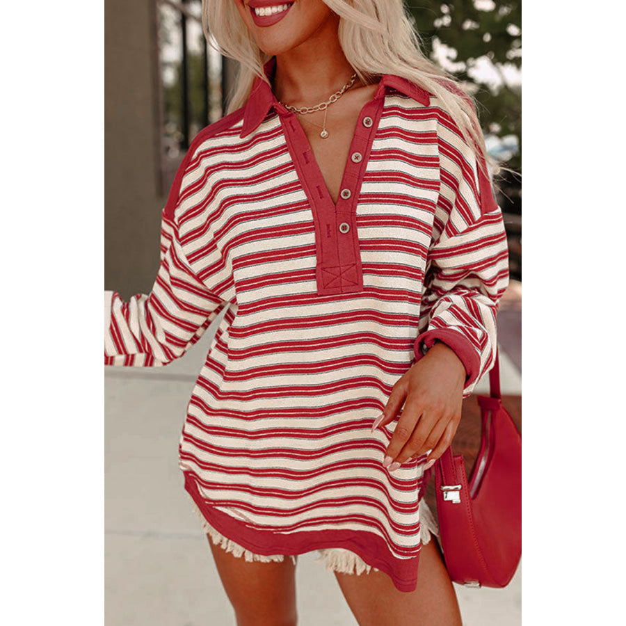 Blue Stripe Buttoned V Neck Collared Drop Shoulder Top Red Stripe / S / 95% Polyester + 5% Elastane Tops/Long Sleeve Tops
