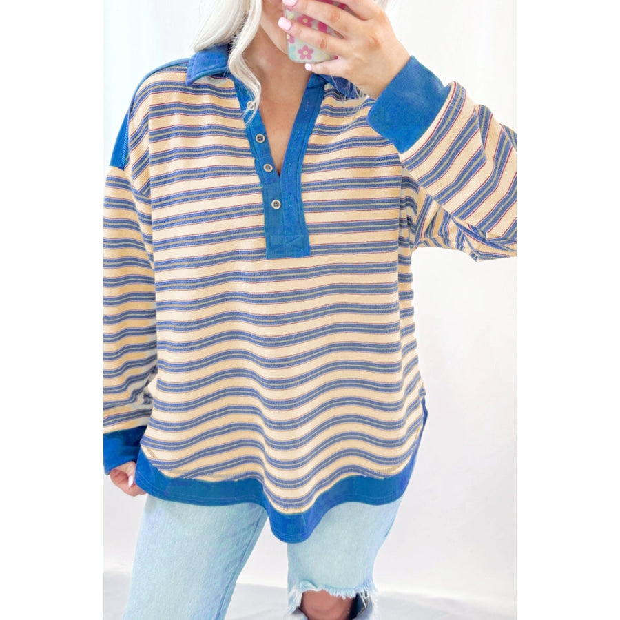 Blue Stripe Buttoned V Neck Collared Drop Shoulder Top Blue Stripe / S / 95% Polyester + 5% Elastane Tops/Long Sleeve Tops