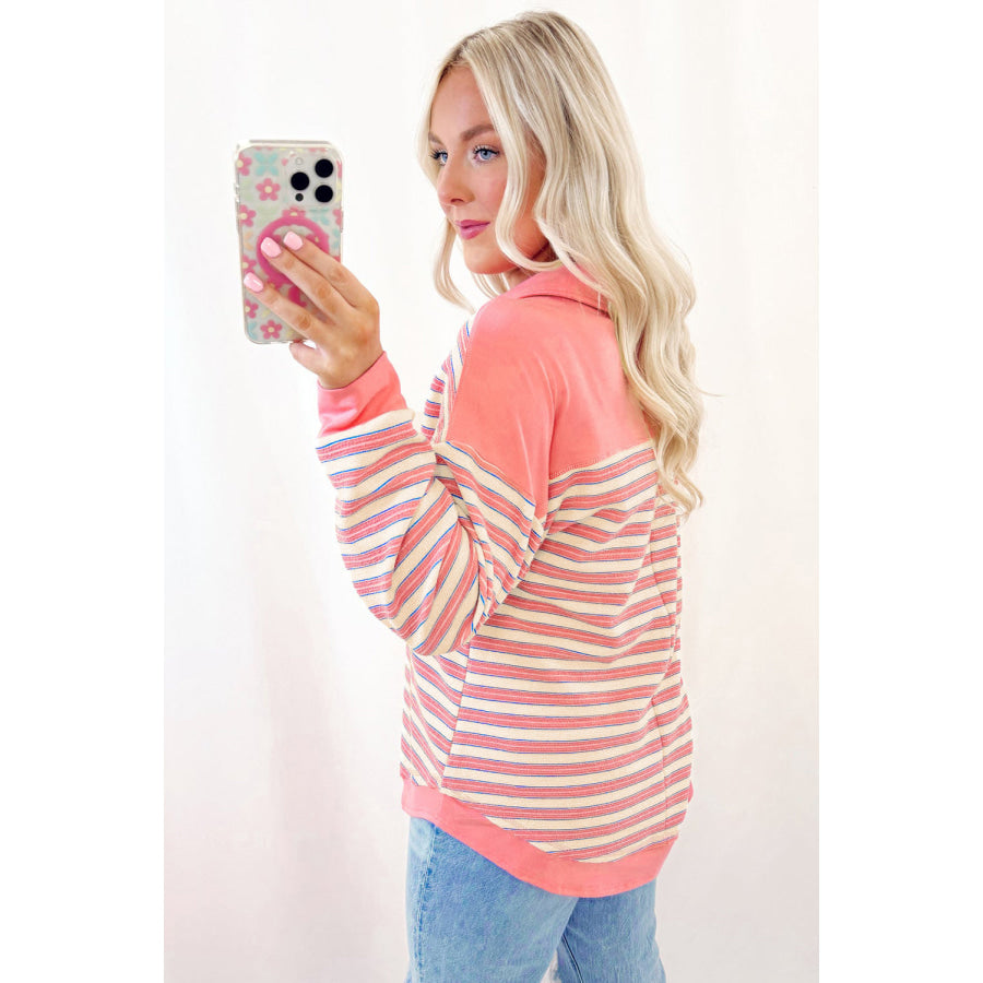 Blue Stripe Buttoned V Neck Collared Drop Shoulder Top Tops/Long Sleeve Tops