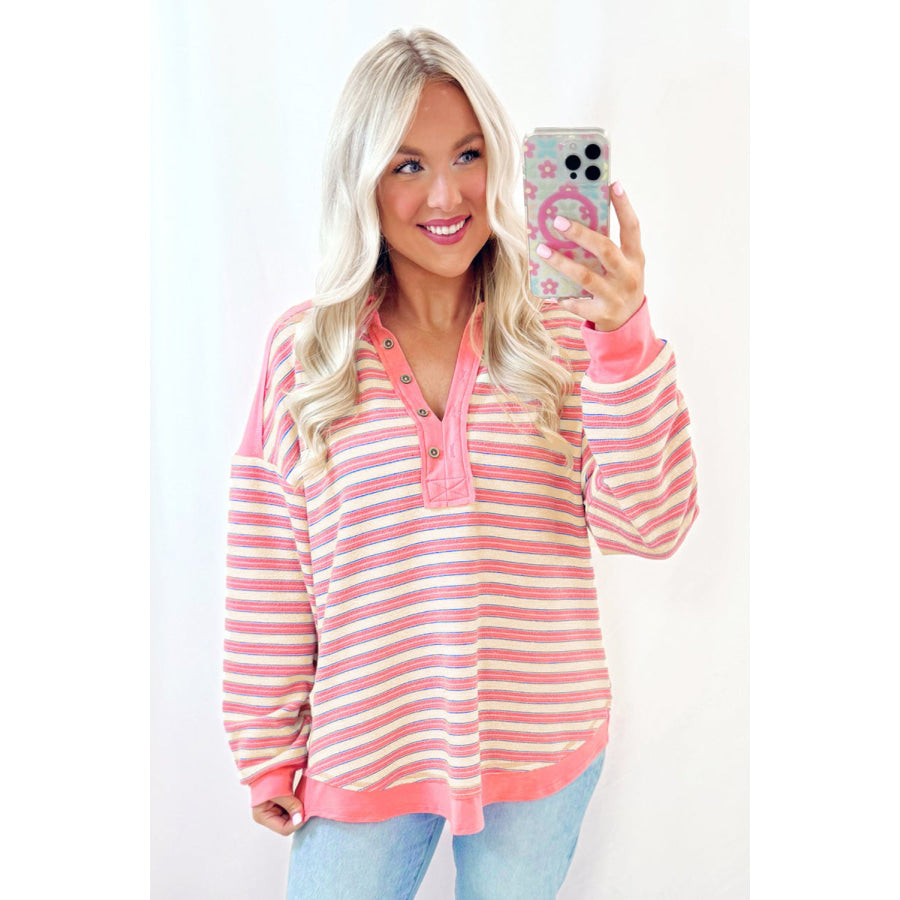 Blue Stripe Buttoned V Neck Collared Drop Shoulder Top Tops/Long Sleeve Tops
