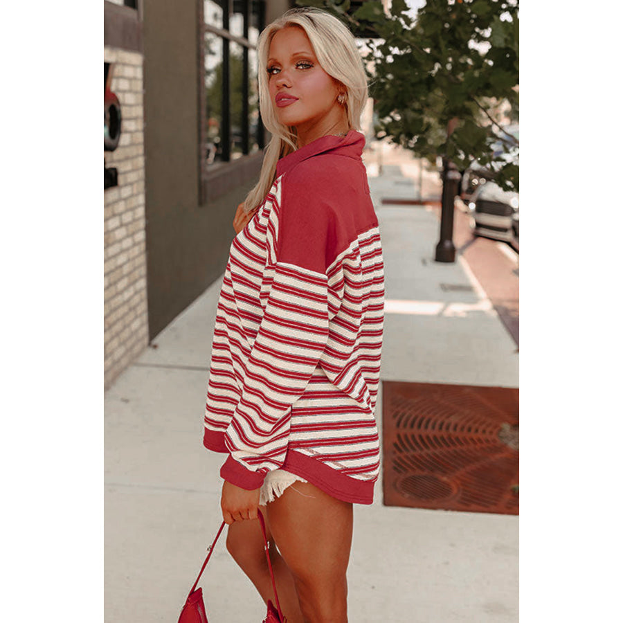 Blue Stripe Buttoned V Neck Collared Drop Shoulder Top Tops/Long Sleeve Tops