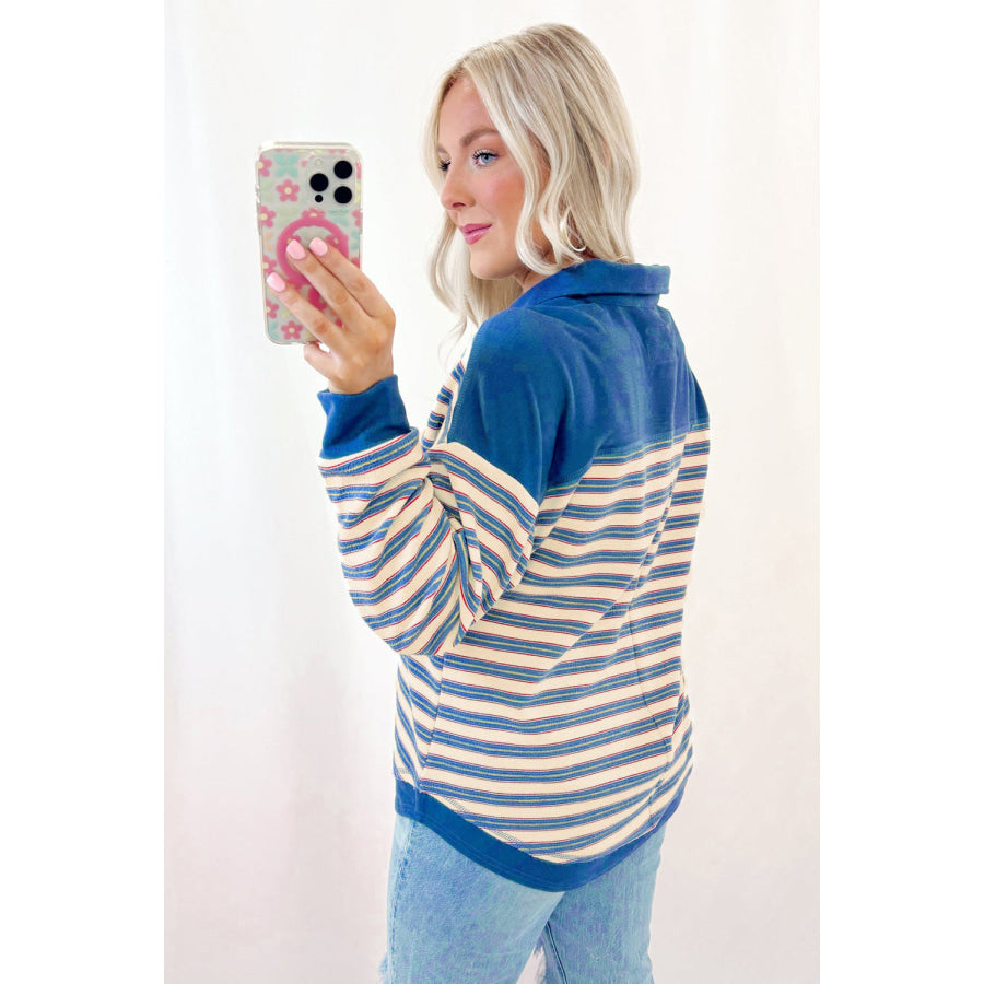 Blue Stripe Buttoned V Neck Collared Drop Shoulder Top Tops/Long Sleeve Tops