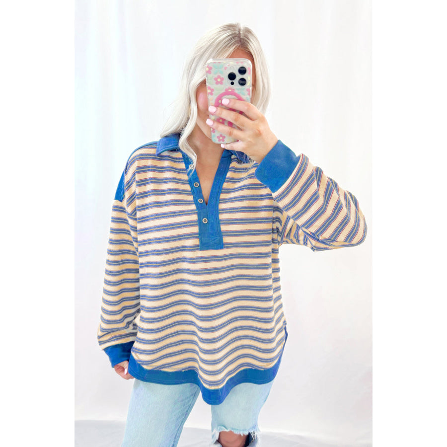 Blue Stripe Buttoned V Neck Collared Drop Shoulder Top Tops/Long Sleeve Tops