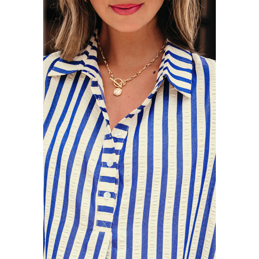 Blue Stripe Collared Half Button Side Pockets Loose Fit Mini Dress Dresses/Mini Dresses