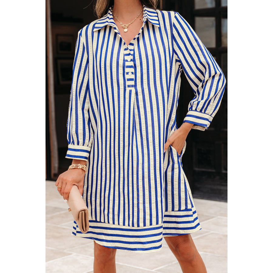 Blue Stripe Collared Half Button Side Pockets Loose Fit Mini Dress Dresses/Mini Dresses
