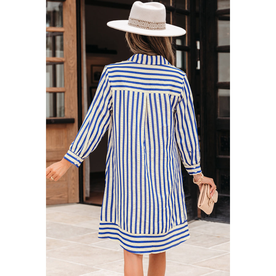 Blue Stripe Collared Half Button Side Pockets Loose Fit Mini Dress / S / 45% Cotton + 45% Polyester + 10% Viscose Dresses/Mini Dresses