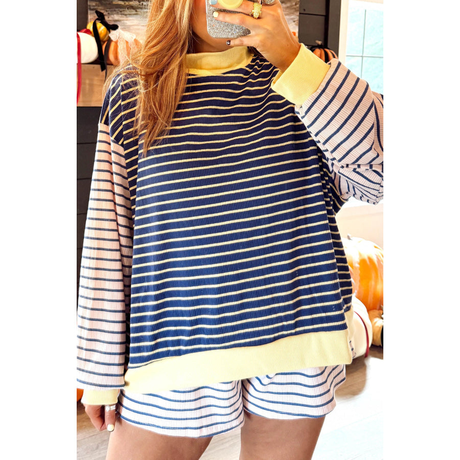 Blue Stripe Color Block Long Sleeve Pullover Ribbed Knit Casual Shorts Set Blue Stripe / S / 95% Polyester + 5% Elastane Two Piece