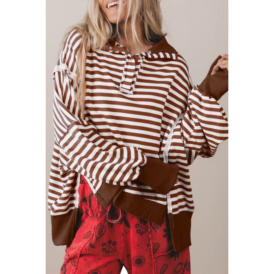 Blue Stripe Color Block Trim Raw Seam Split Hem Loose Pullover Sweatshirt Brown / S Tops/Sweatshirts & Hoodies