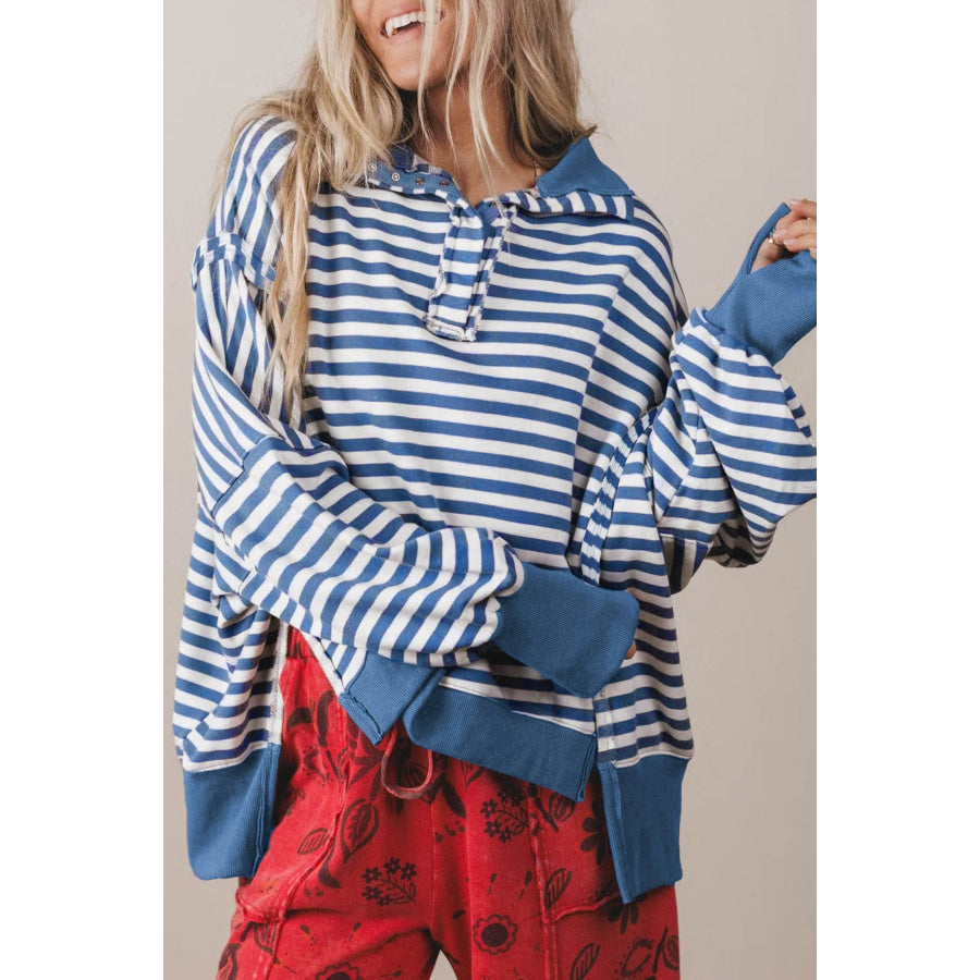 Blue Stripe Color Block Trim Raw Seam Split Hem Loose Pullover Sweatshirt / S Tops/Sweatshirts & Hoodies