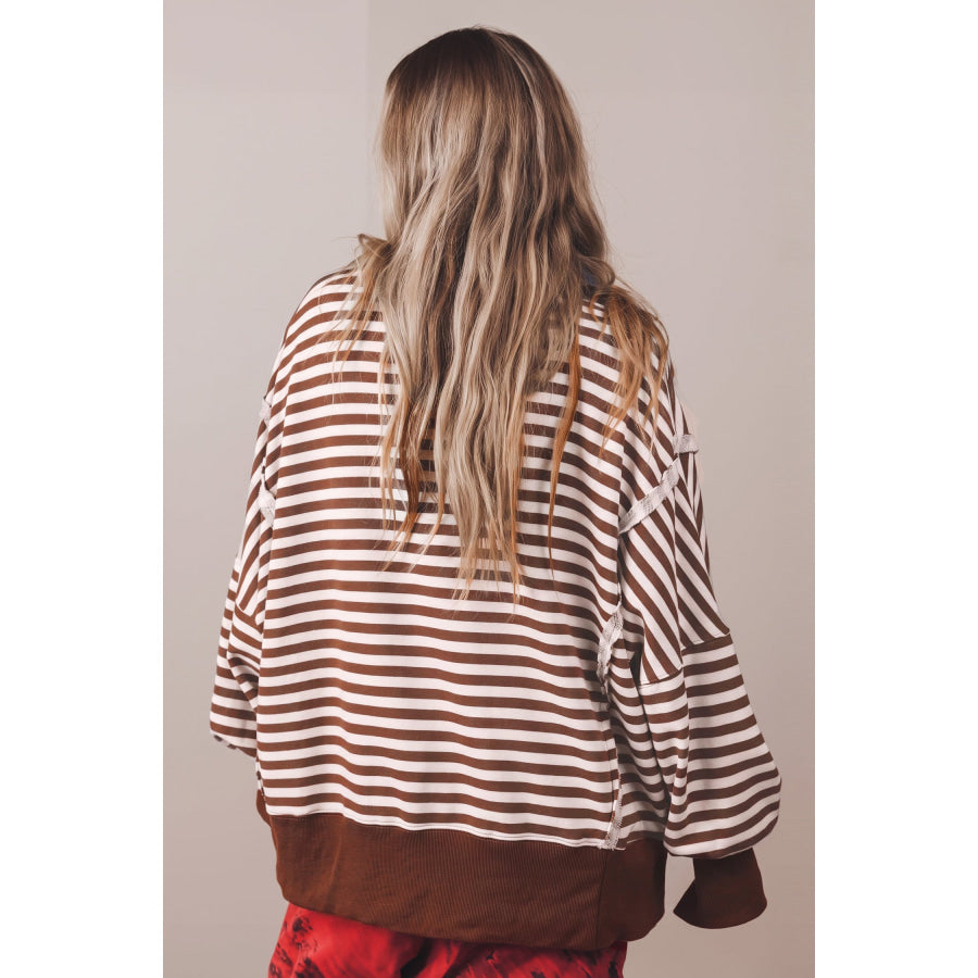 Blue Stripe Color Block Trim Raw Seam Split Hem Loose Pullover Sweatshirt Tops/Sweatshirts & Hoodies