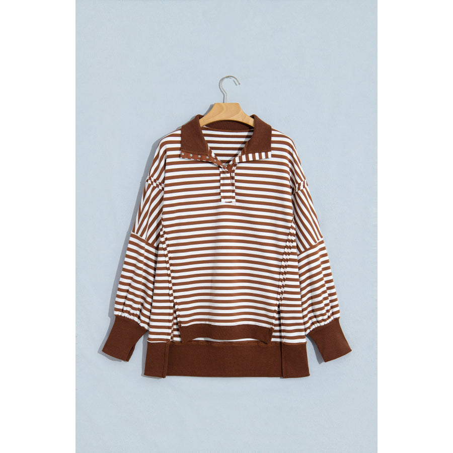 Blue Stripe Color Block Trim Raw Seam Split Hem Loose Pullover Sweatshirt Tops/Sweatshirts & Hoodies