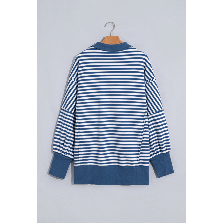 Blue Stripe Color Block Trim Raw Seam Split Hem Loose Pullover Sweatshirt Tops/Sweatshirts & Hoodies