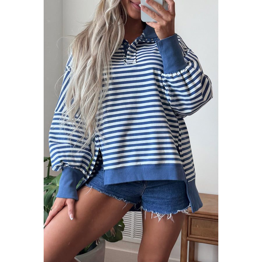 Blue Stripe Color Block Trim Raw Seam Split Hem Loose Pullover Sweatshirt Tops/Sweatshirts & Hoodies