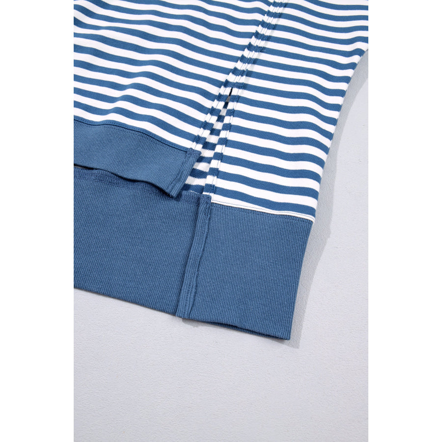 Blue Stripe Color Block Trim Raw Seam Split Hem Loose Pullover Sweatshirt Tops/Sweatshirts & Hoodies