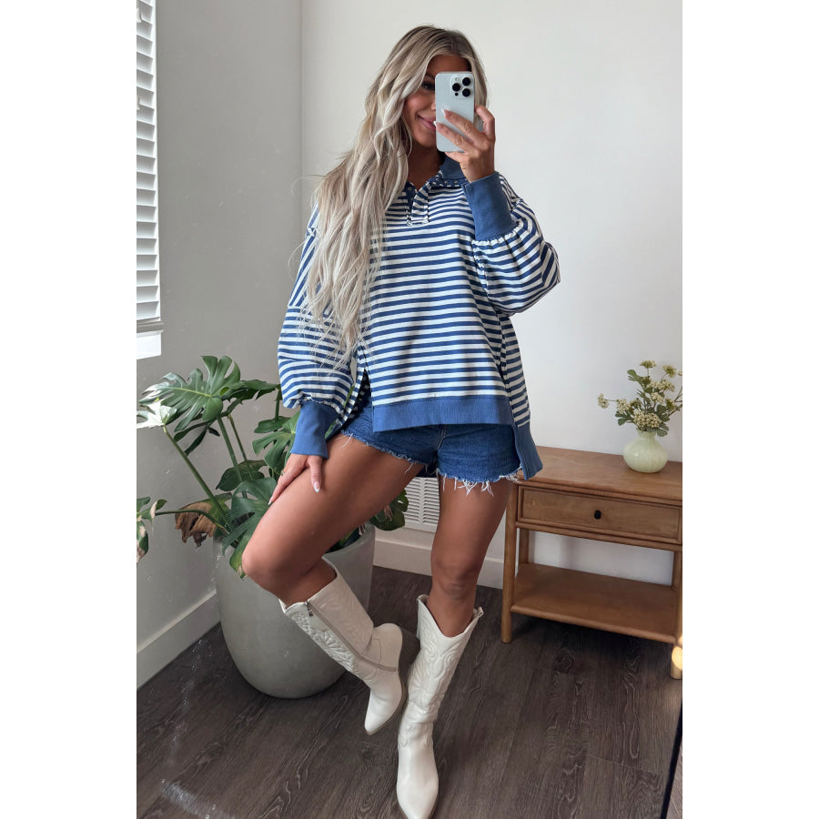 Blue Stripe Color Block Trim Raw Seam Split Hem Loose Pullover Sweatshirt Tops/Sweatshirts & Hoodies
