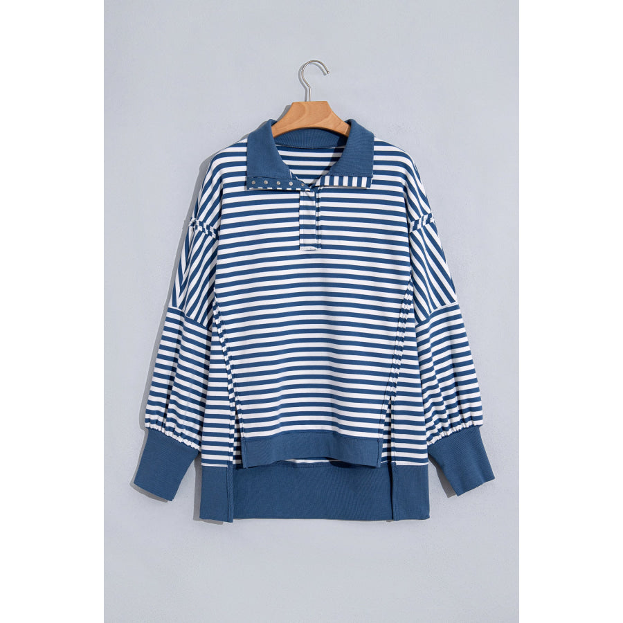 Blue Stripe Color Block Trim Raw Seam Split Hem Loose Pullover Sweatshirt Tops/Sweatshirts & Hoodies