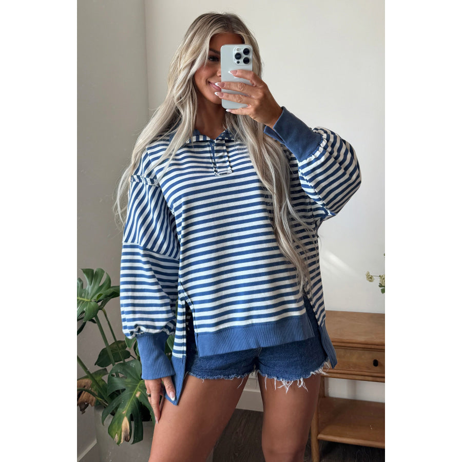 Blue Stripe Color Block Trim Raw Seam Split Hem Loose Pullover Sweatshirt Tops/Sweatshirts & Hoodies