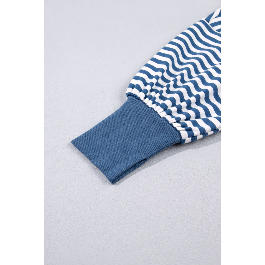Blue Stripe Color Block Trim Raw Seam Split Hem Loose Pullover Sweatshirt Tops/Sweatshirts & Hoodies