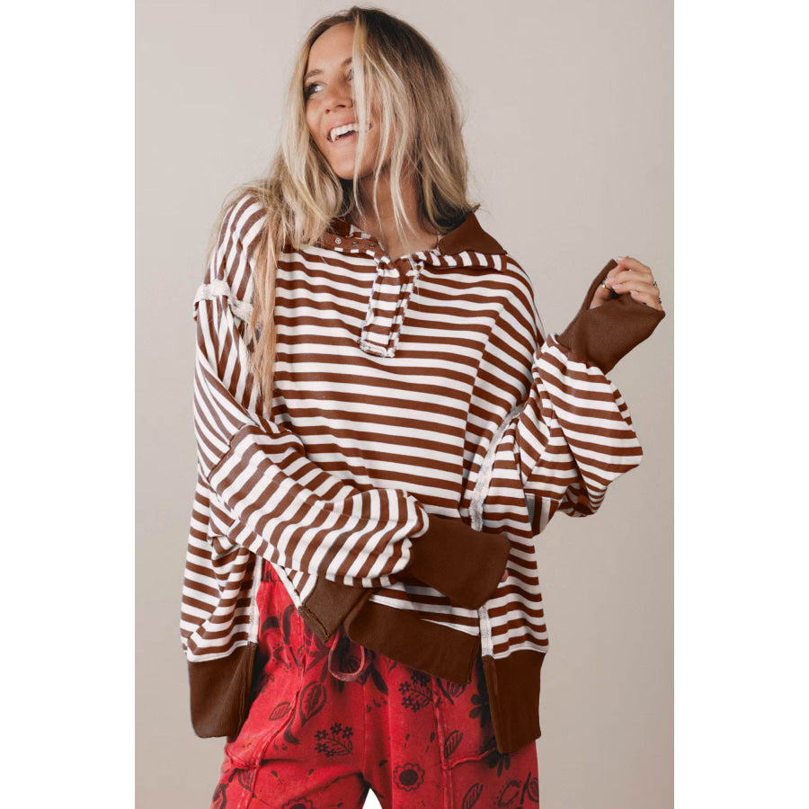Blue Stripe Color Block Trim Raw Seam Split Hem Loose Pullover Sweatshirt Tops/Sweatshirts & Hoodies