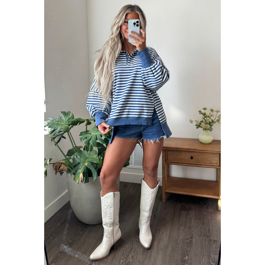 Blue Stripe Color Block Trim Raw Seam Split Hem Loose Pullover Sweatshirt Tops/Sweatshirts & Hoodies