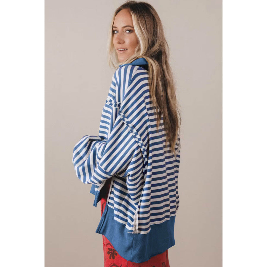 Blue Stripe Color Block Trim Raw Seam Split Hem Loose Pullover Sweatshirt Tops/Sweatshirts & Hoodies