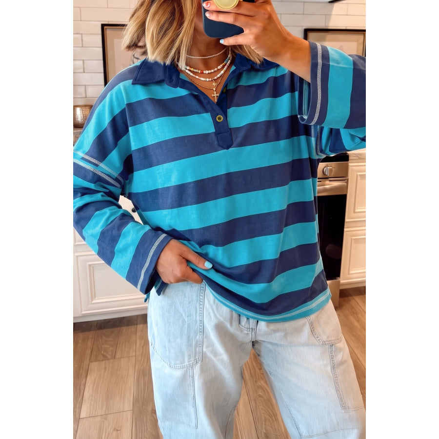 Blue Stripe Contrast Polo Collar Bracelet Sleeve Loose Top / S Tops/Long Tops