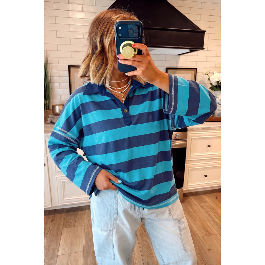 Blue Stripe Contrast Polo Collar Bracelet Sleeve Loose Top Tops/Long Tops