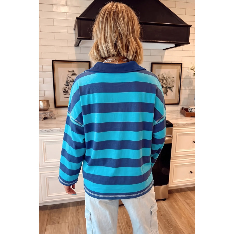 Blue Stripe Contrast Polo Collar Bracelet Sleeve Loose Top Tops/Long Tops