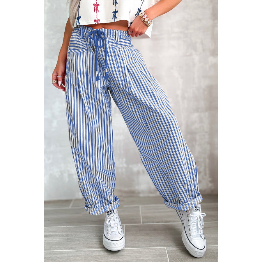 Blue Stripe Drawstring Casual Loose Pants Blue Stripe / 4 Bottoms/Pants & Culotte