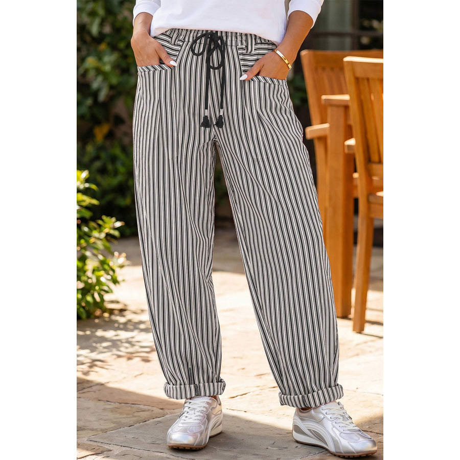 Blue Stripe Drawstring Casual Loose Pants Black / 4 Bottoms/Pants & Culotte