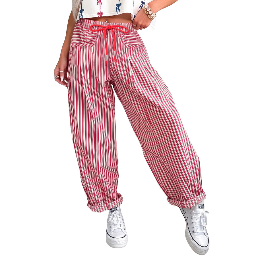 Blue Stripe Drawstring Casual Loose Pants Bottoms/Pants & Culotte